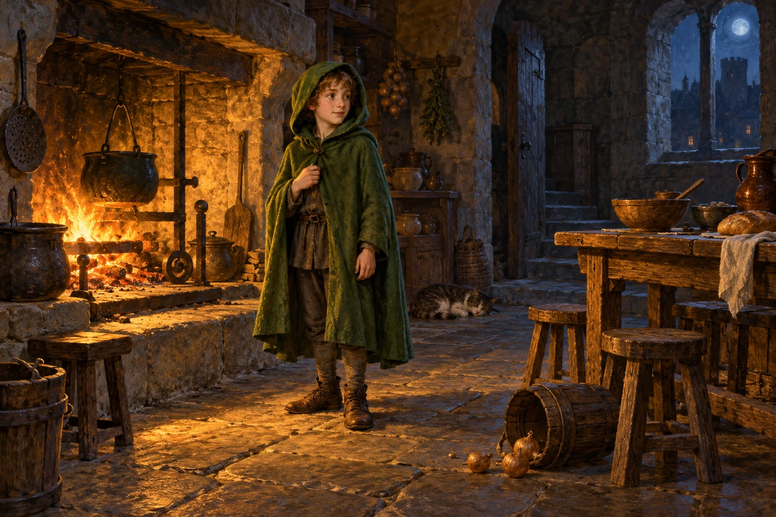 An imagined Cauld Lad stands in a green hooded cloak beside a castle kitchen hearth.