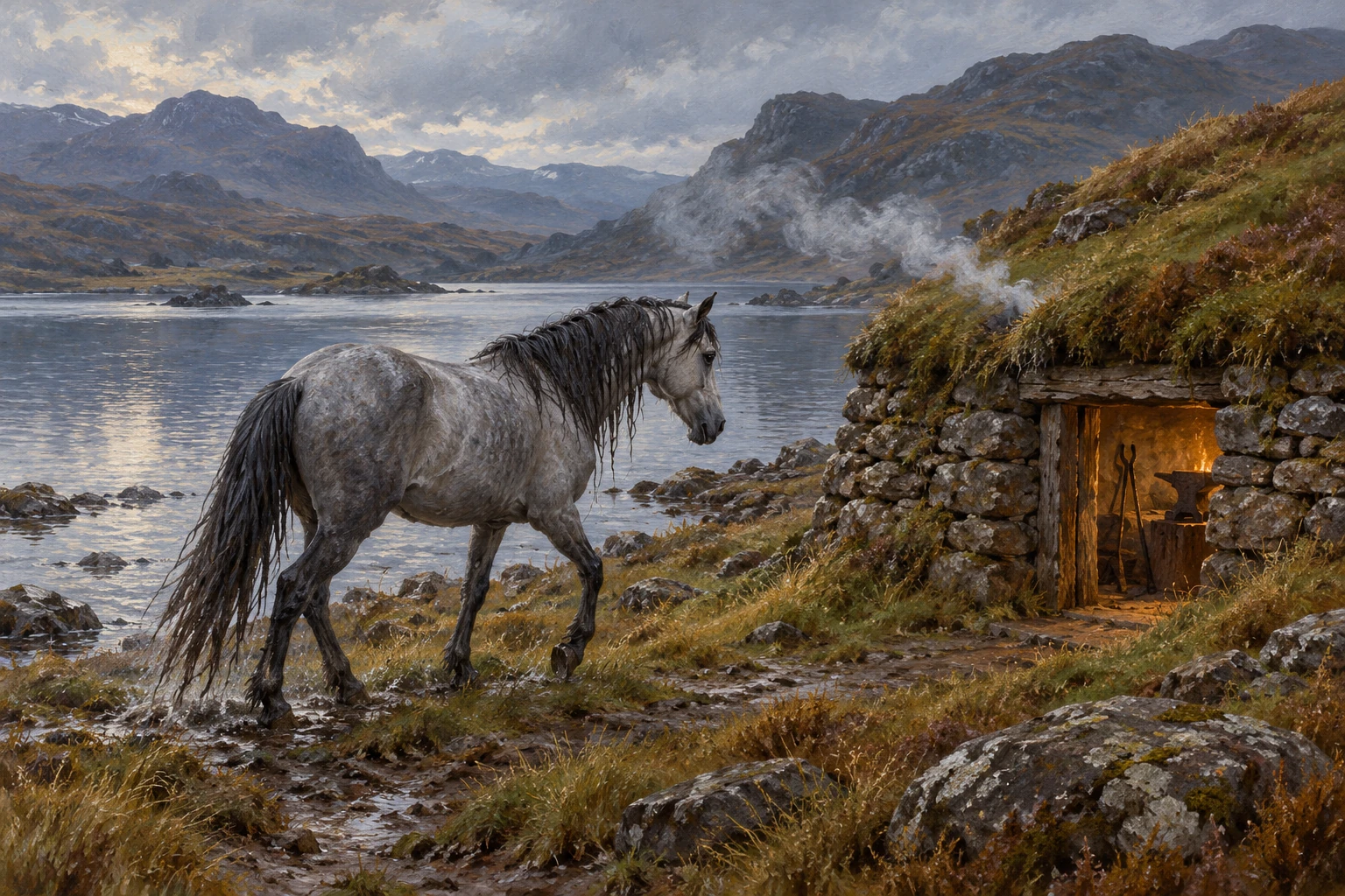 A wet grey Water-horse approaches a small warm hut beside an imagined Highland loch.