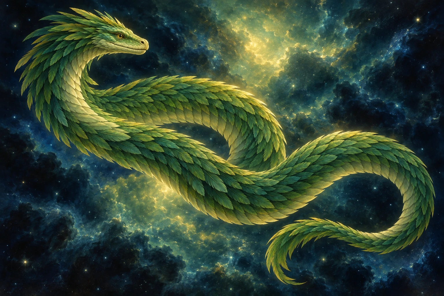 An imagined long green-feathered serpent coils against a luminous dark background, without separate wings or limbs.