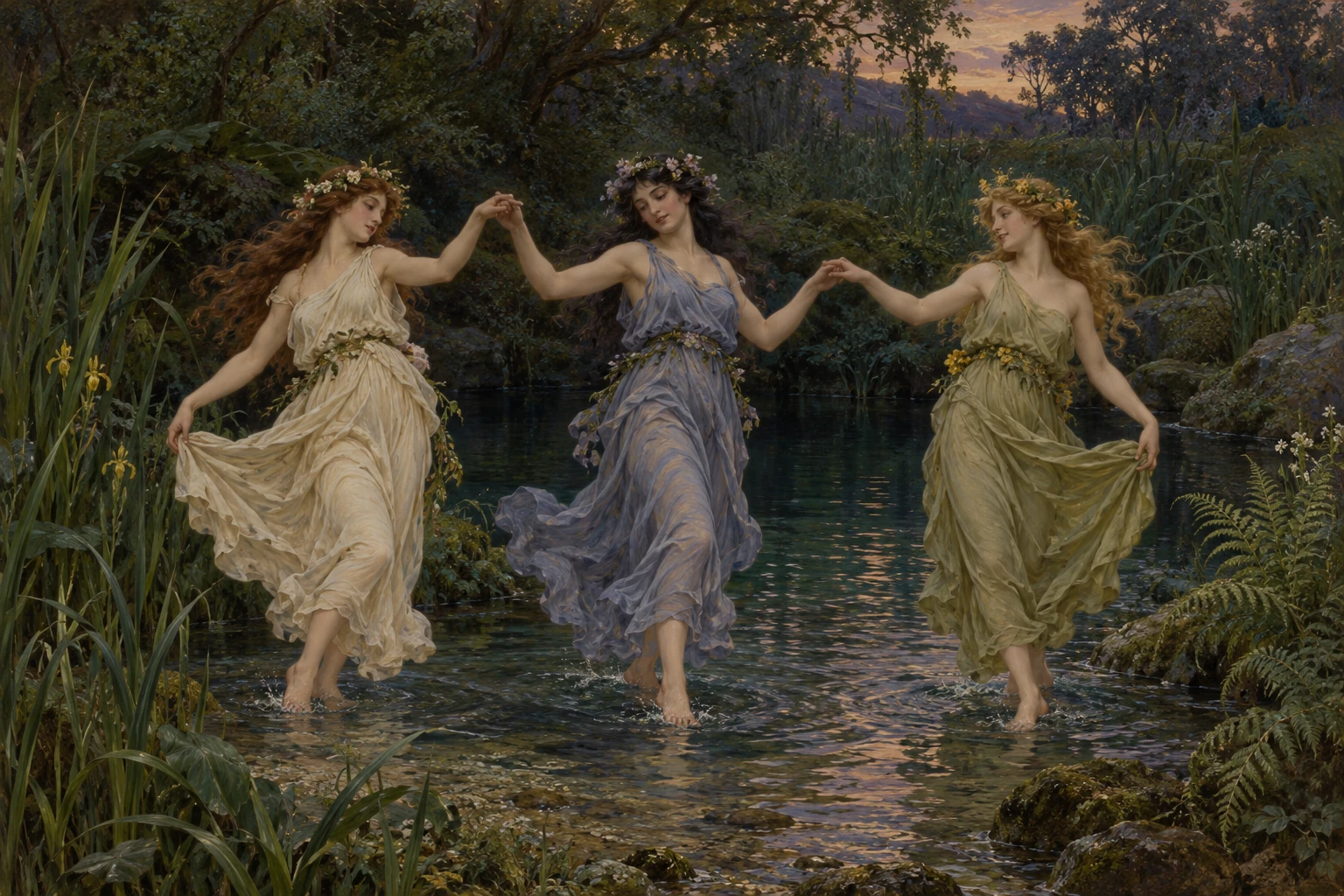Three spring nymphs dance together in the shallow water of a green hollow.