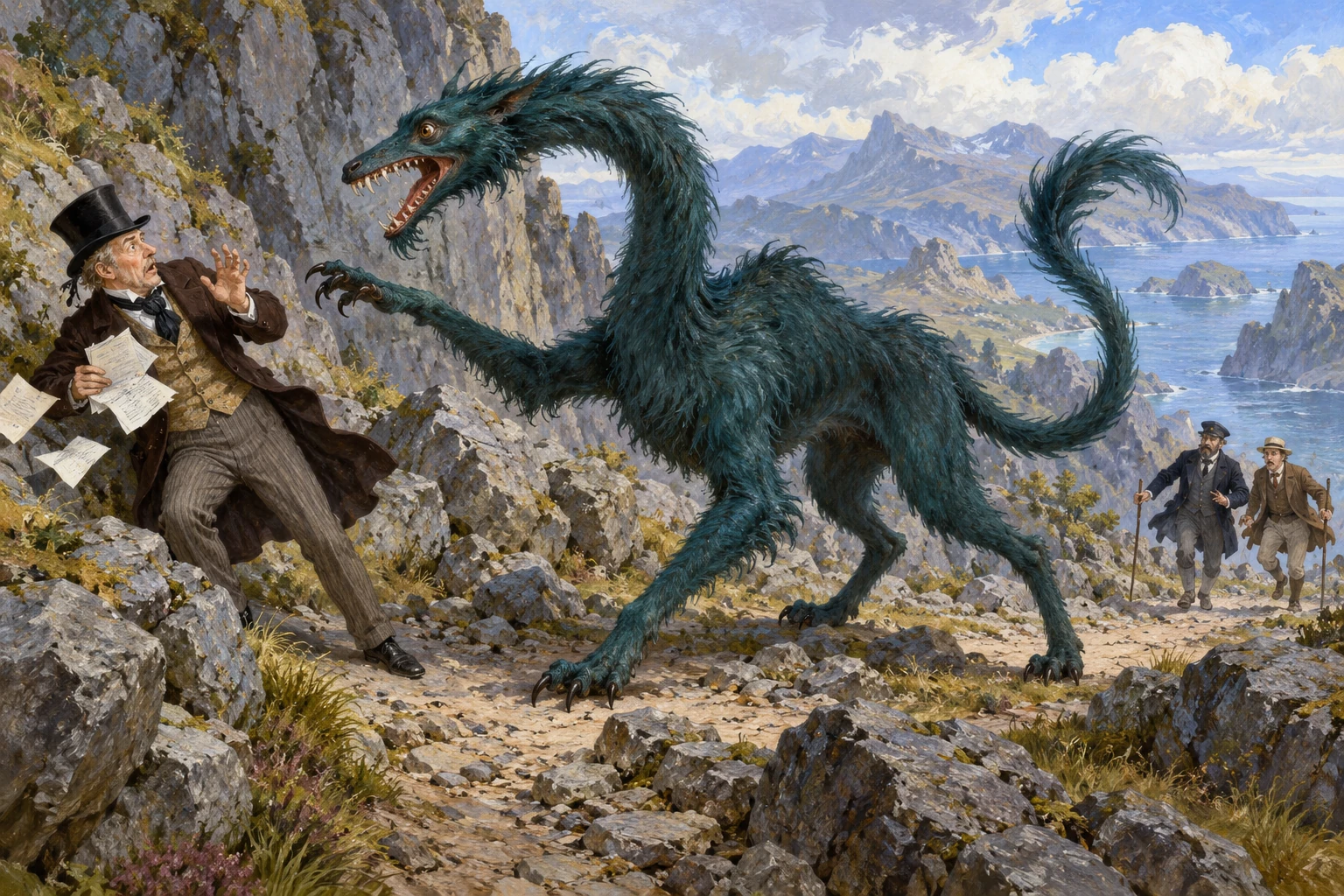 An imagined dark teal, long-necked Bandersnatch reaches towards an adult Victorian banker on a rocky path, as two companions approach.