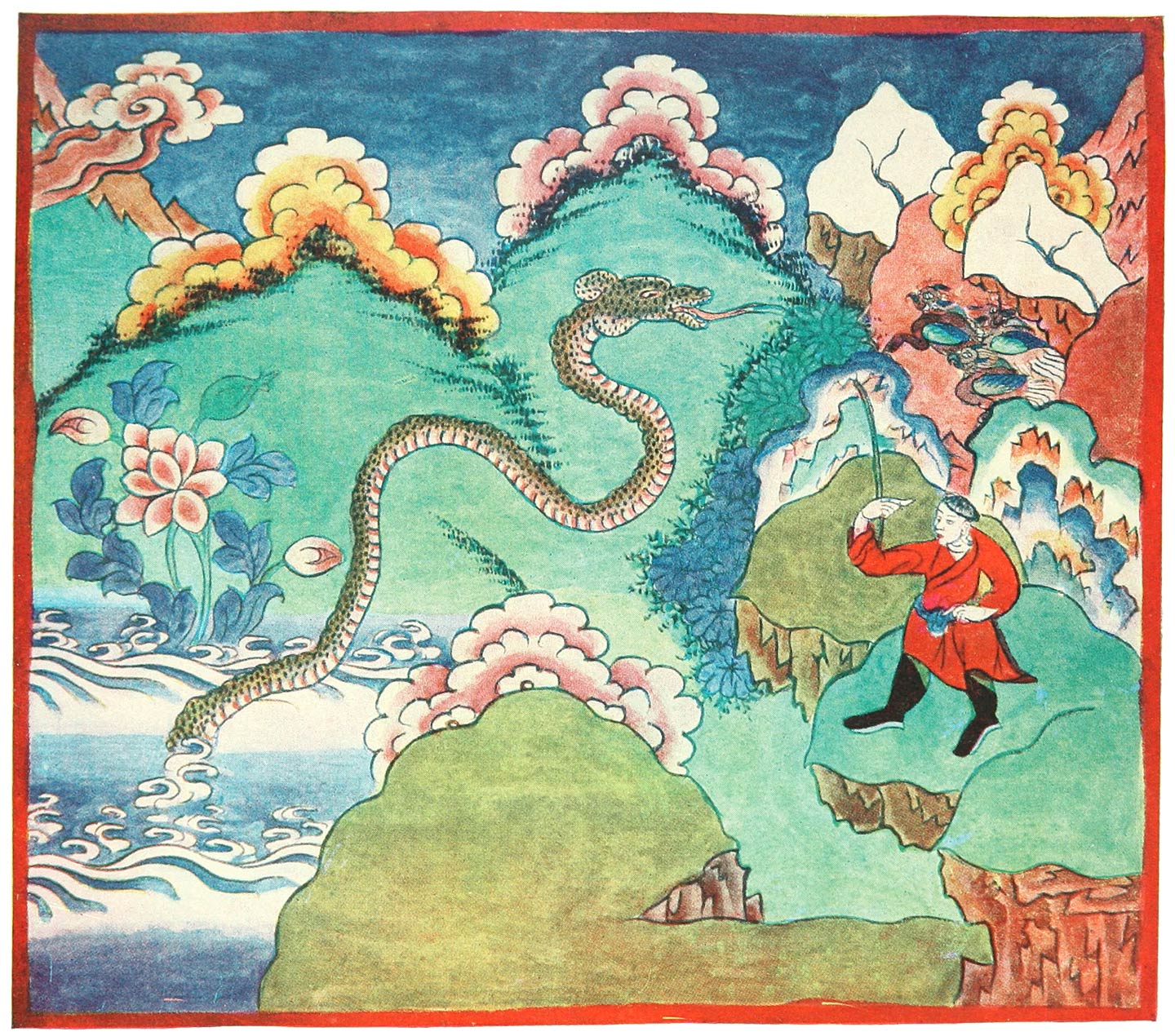 Three young Gryphons in a cliff nest at right as a lake dragon approaches, anonymous Tibetan illustration published 1906