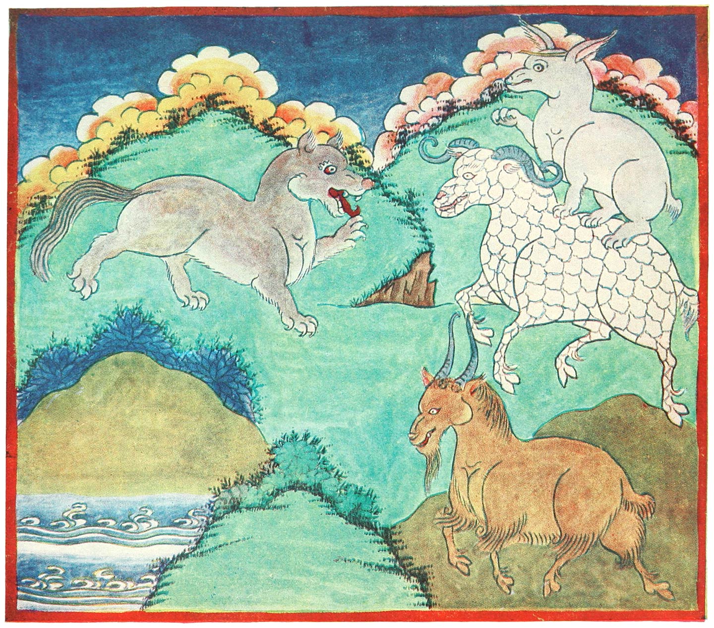 Lomden the Hare riding a sheep and confronting the wolf in a Tibetan illustration published 1906