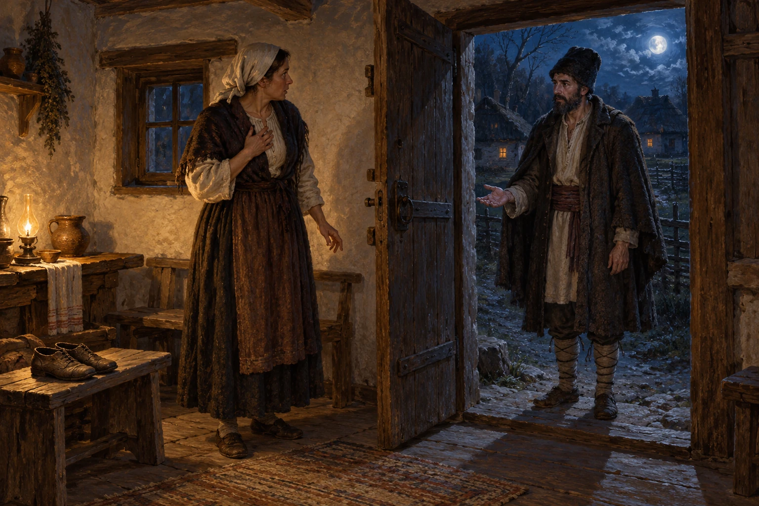 An imagined nocturnal visitor addresses a startled woman at a cottage doorway, with shoes on a bench nearby.