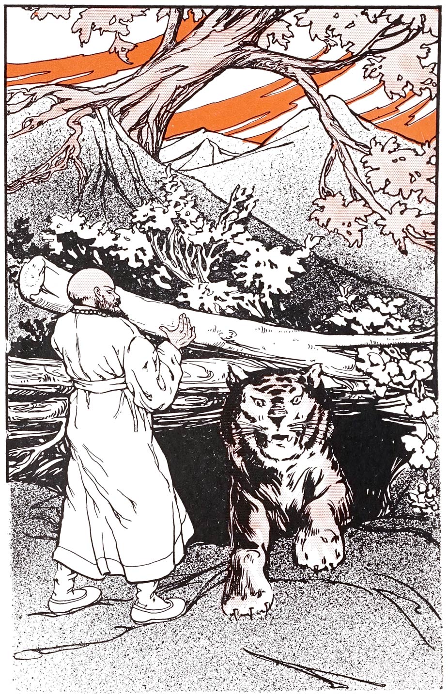Mountain Uncle the tiger climbing out of the priest’s opened trap, Korean Fairy Tales illustration published 1922
