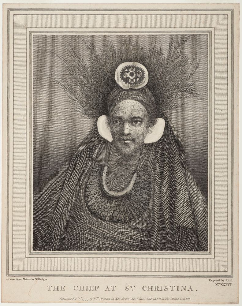 John Hall’s 1777 engraving after William Hodges portraying Honu of Vaitahu, Tahuata, with the original title The Chief at Santa Christina
