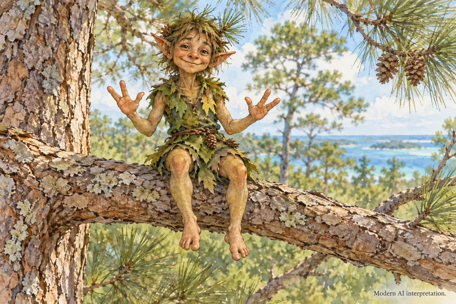 AI imagined Chickcharney in a pine tree, following the elf variant.
