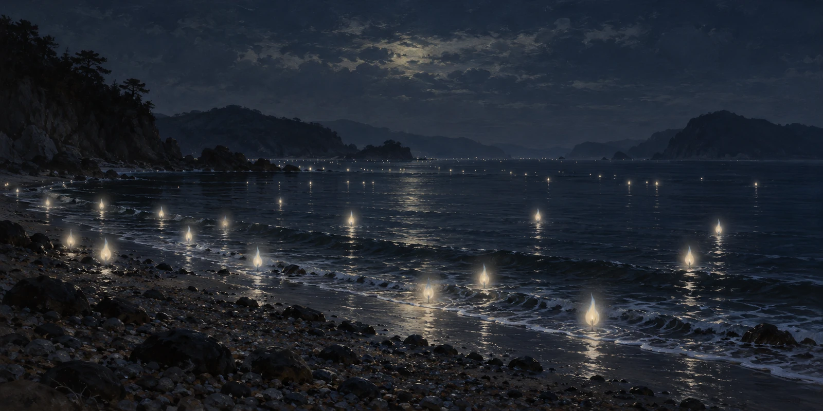 Pale ghostly lights hover over a dark pebbled beach and quiet coastal water.
