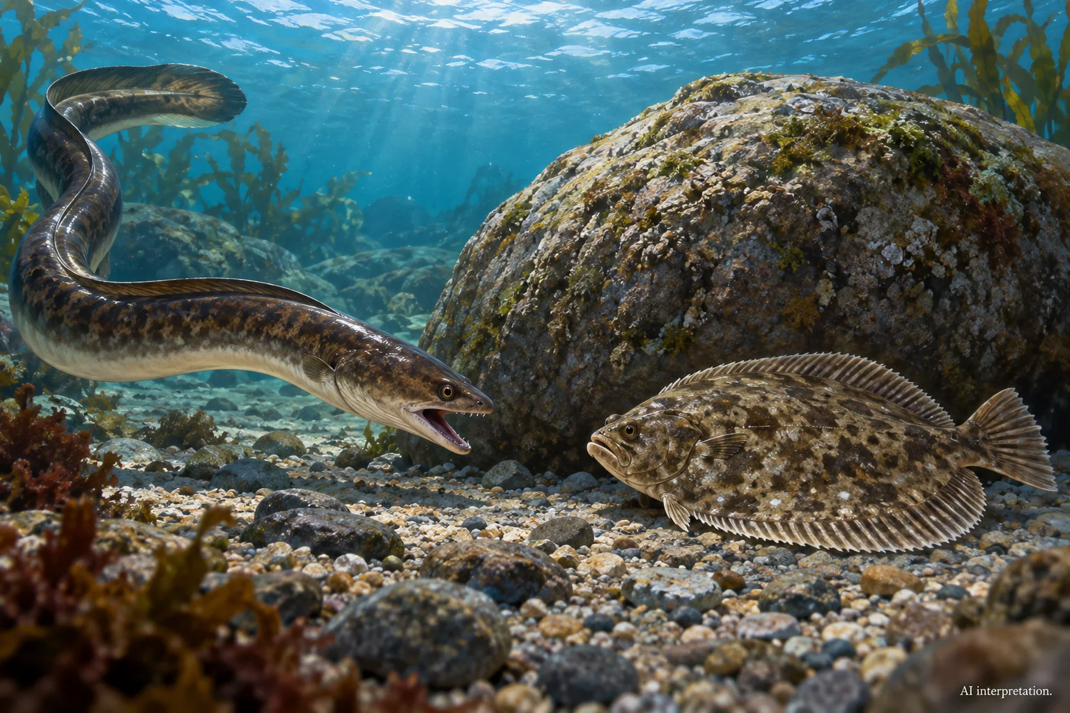 Eel and flounder beside a stone