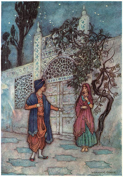 The revived Dalim Kumar meets the woman at his palace gate, Warwick Goble, 1912
