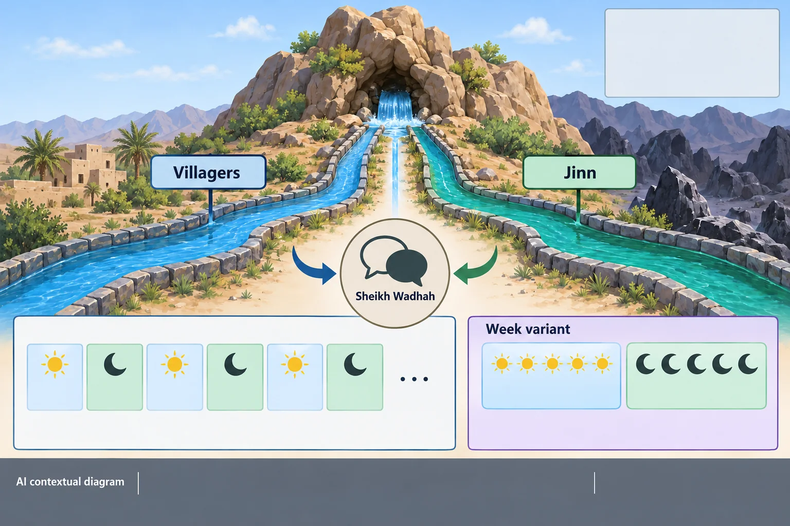 AI contextual diagram of Falaj Dan’s alternating water shares.