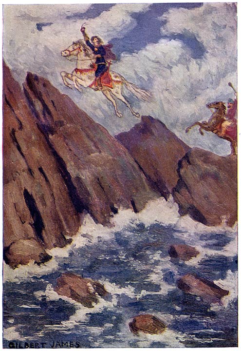 Sharatz carrying Marko over rocky water in Gilbert James’s illustration for Petrovitch’s Serbian hero tales