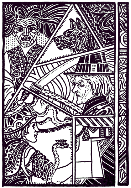 An old woman’s grimacing face, an animal head, a young man, and a snake coiled around another man’s arm in a segmented black-and-white illustration.