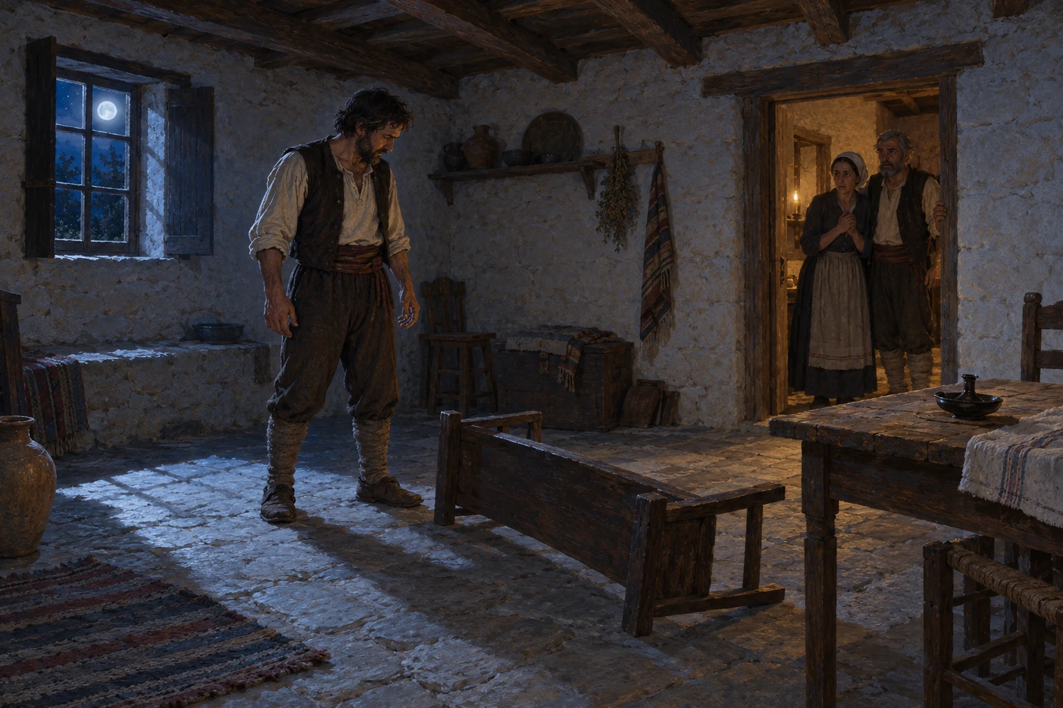 An imagined ordinary-looking visitor stands near an overturned bench and an extinguished lamp while a household watches from a doorway.