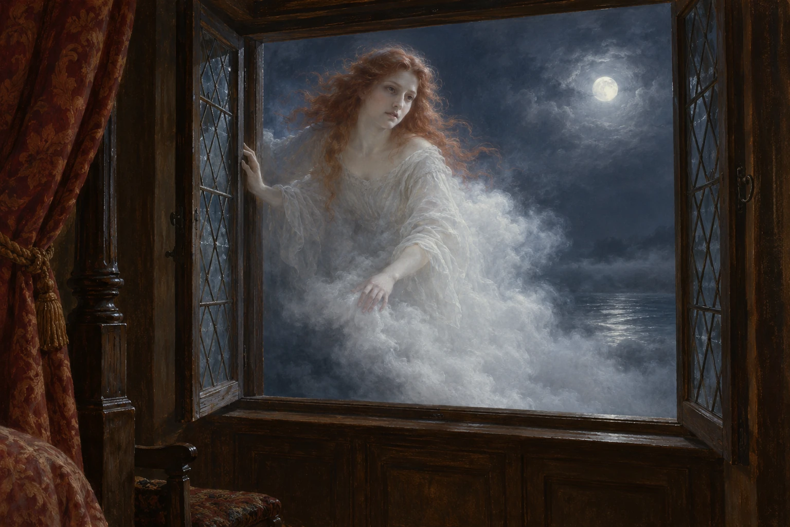 A pale red-haired apparition in white leans toward an open casement, her form fading into moonlit cloud.