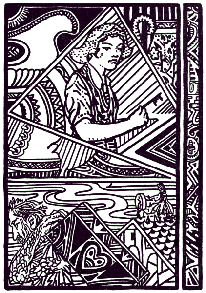 Lisa holding a key, pitchers, an ornate building, and a bearded aquatic figure beside water in a segmented black-and-white illustration.