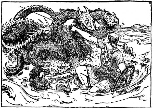 Batten: hero fighting the three-headed loch beast