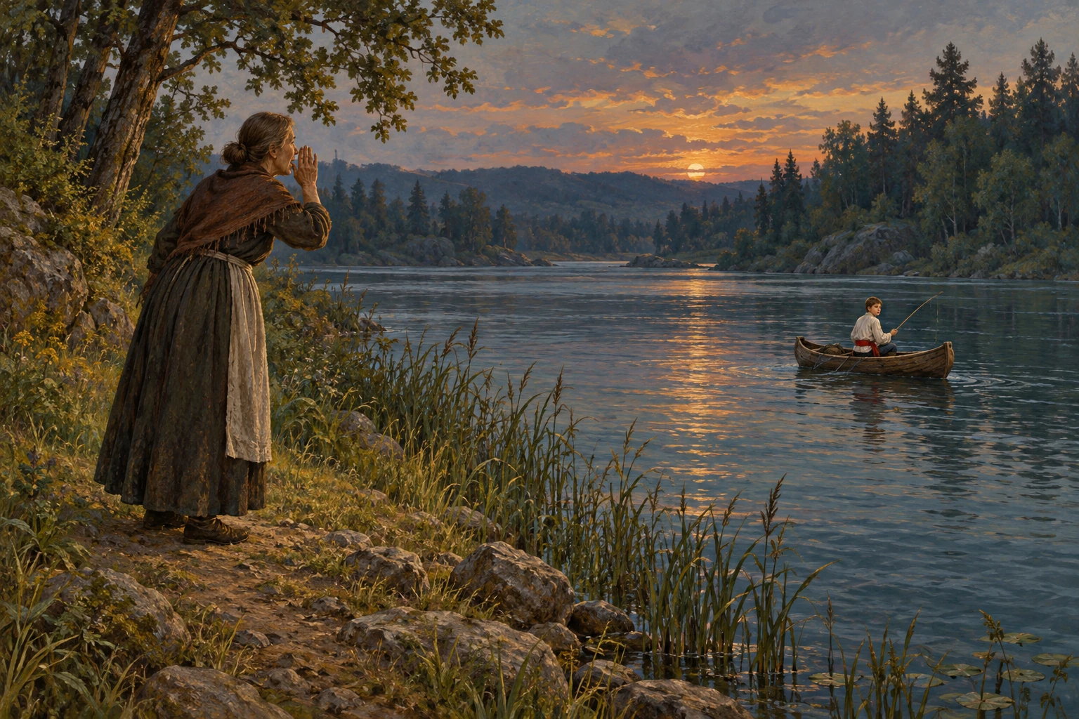 An imagined older woman calls from a riverbank toward Ivashko, fishing safely at a distance in a canoe with a white shirt and red girdle.