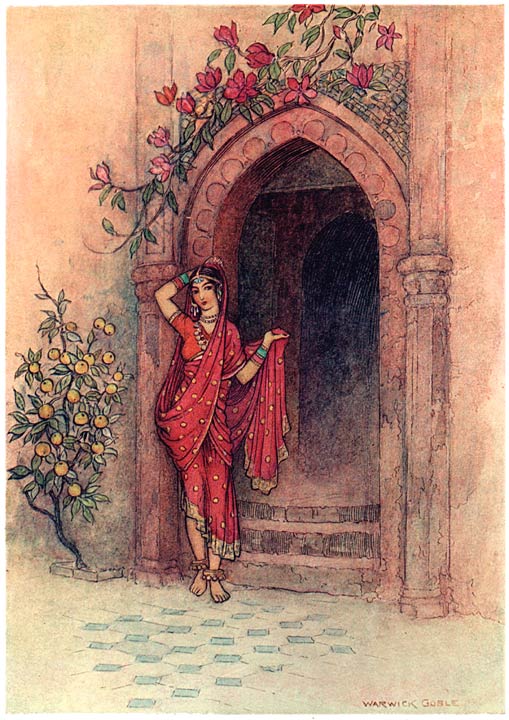 Sahasra Dal’s Rakshasi mother in her beautiful human disguise at the palace door, Warwick Goble, 1912