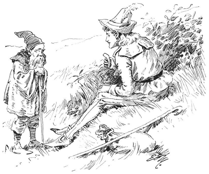A small bearded Tritill stands with his staff beside seated Harald, who extends a piece of food amid a grassy hillside.