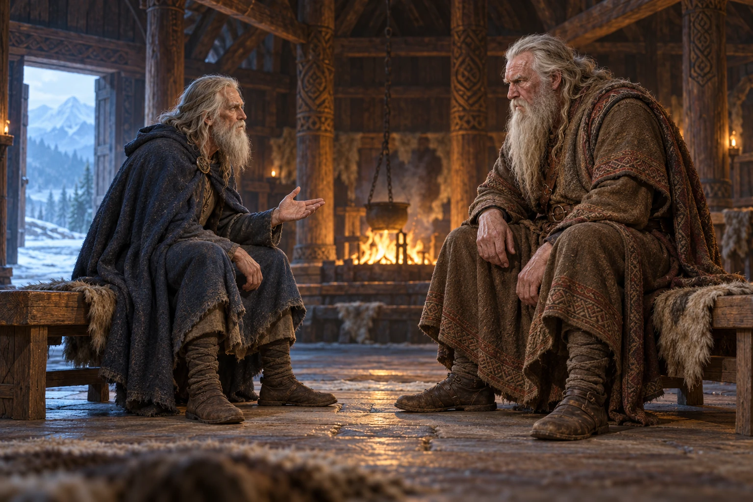 Odin as the travelling guest Gagnrad and the larger Vafthrudnir face one another in an imagined timber hall.