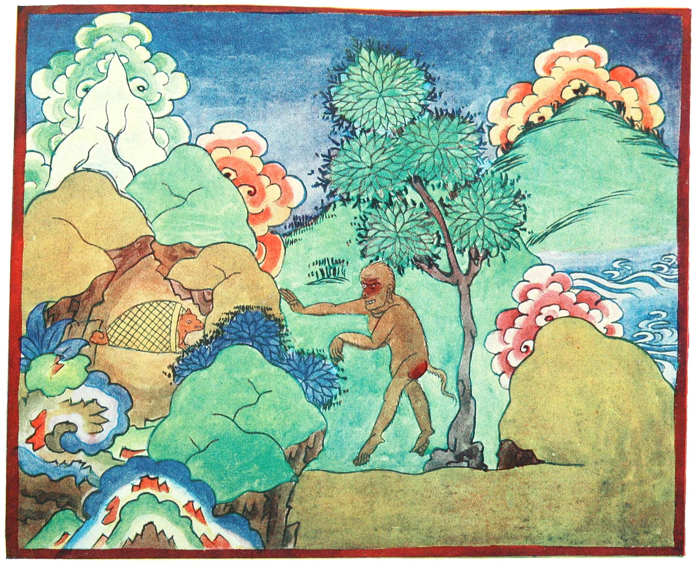 Monkey calling into the cave where the tortoise hides, Tibetan illustration published 1906