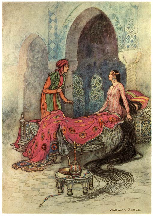 Keshavati awakens on the bed beside Champa Dal, Warwick Goble, 1912