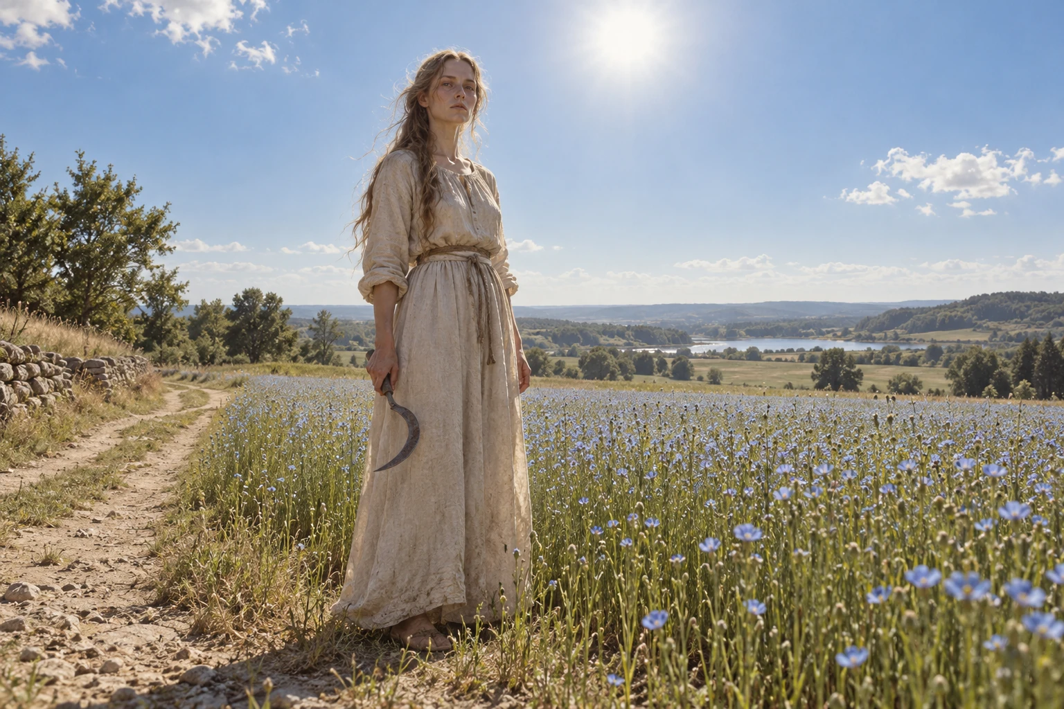 An imagined adult woman stands in a sunlit flax field holding a small lowered sickle.