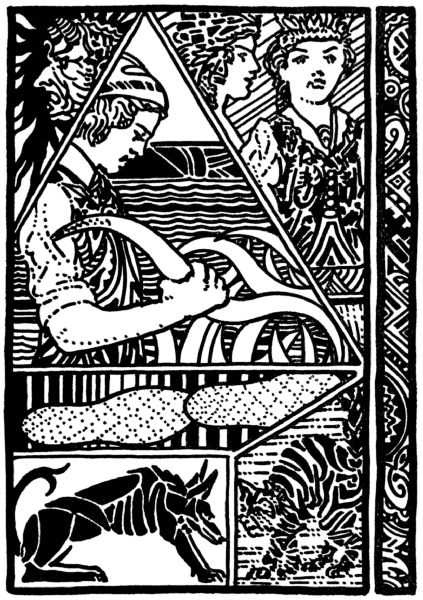 A horned face, Erkki working over cattle bones, a portrait, cattle and a cat among logs in a segmented black-and-white illustration.