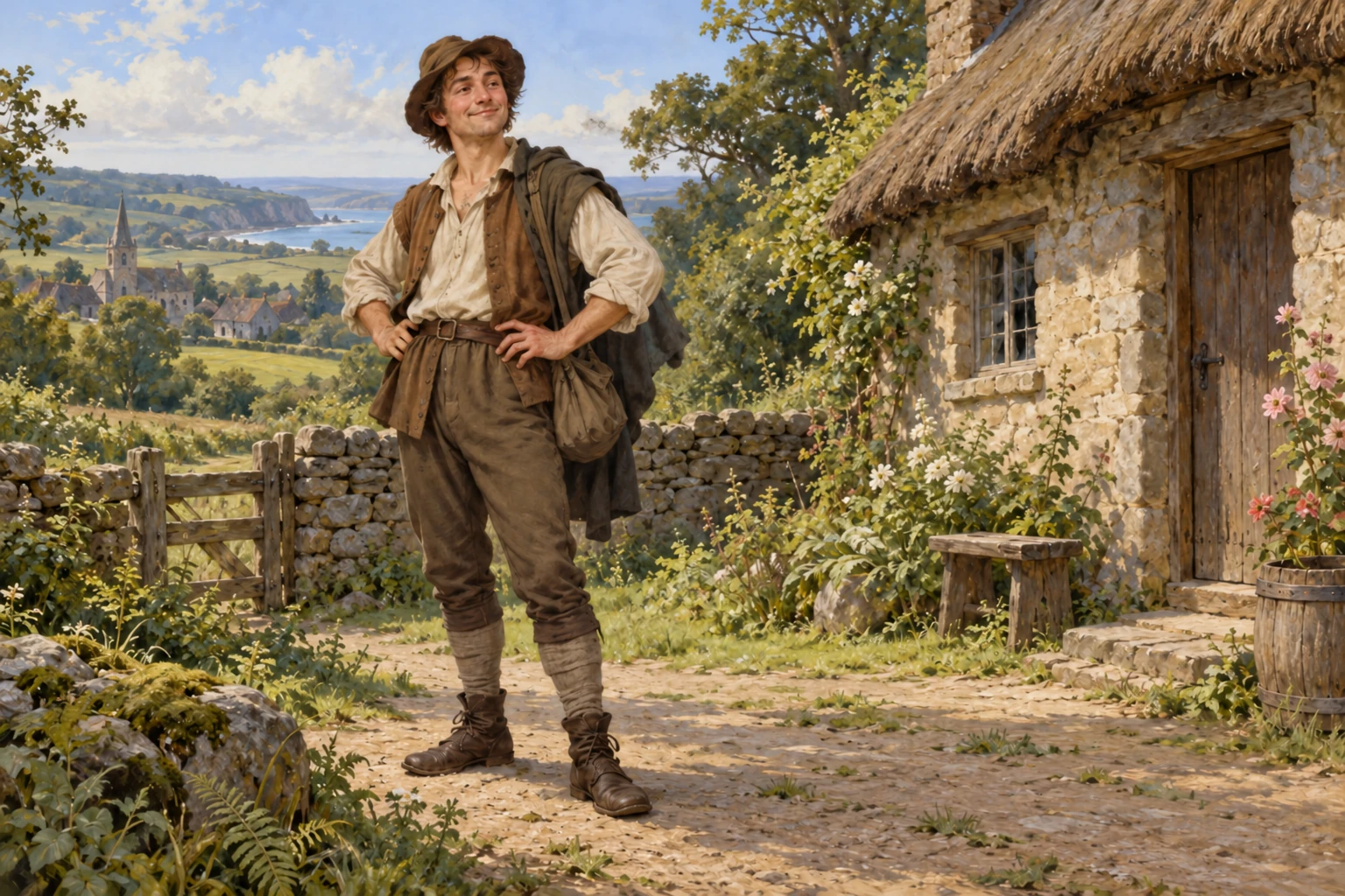 An imagined young adult villager stands jauntily beside a cottage, depicting one of the Norman Lutin’s reported forms.