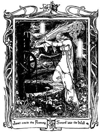 Tam Lin as a flaming sword, held by Janet, Batten