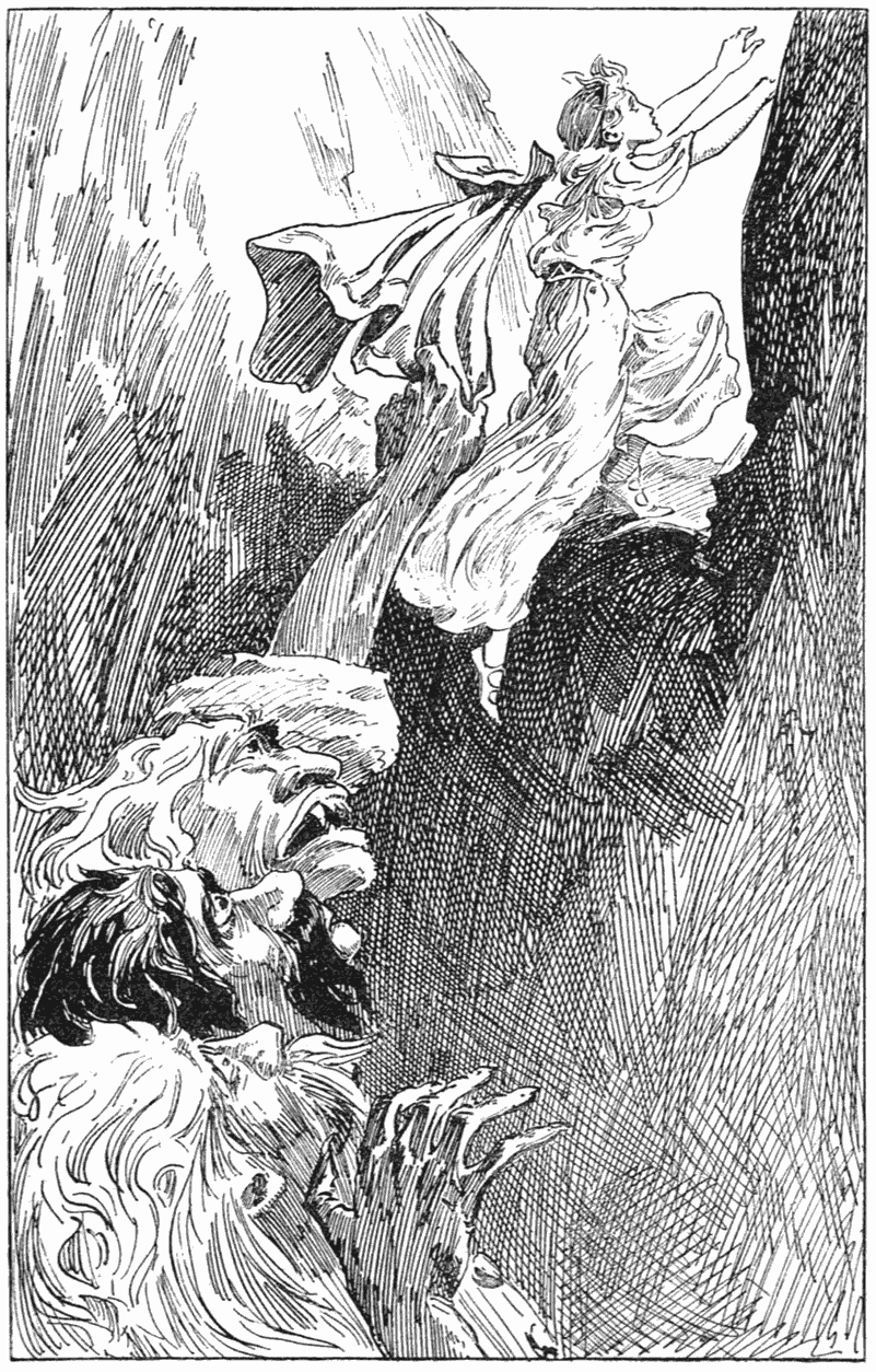 A three-headed giant looks up from the grave while Hadvör climbs out above him; he holds the cloak slipping from her shoulders.