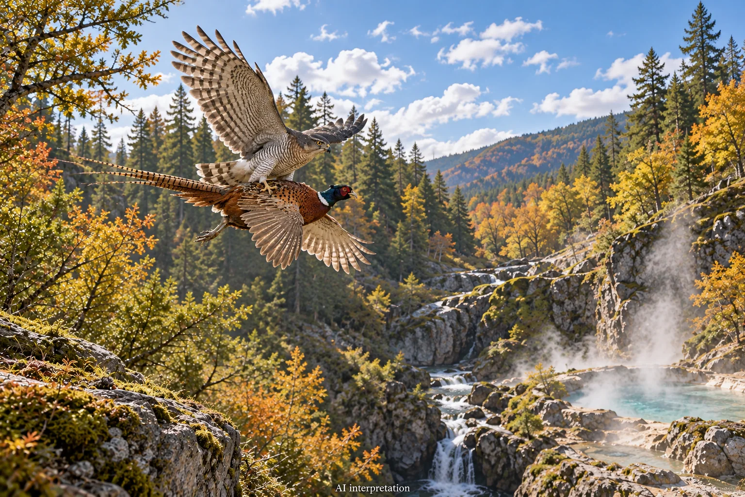 Hawk and pheasant above a spring