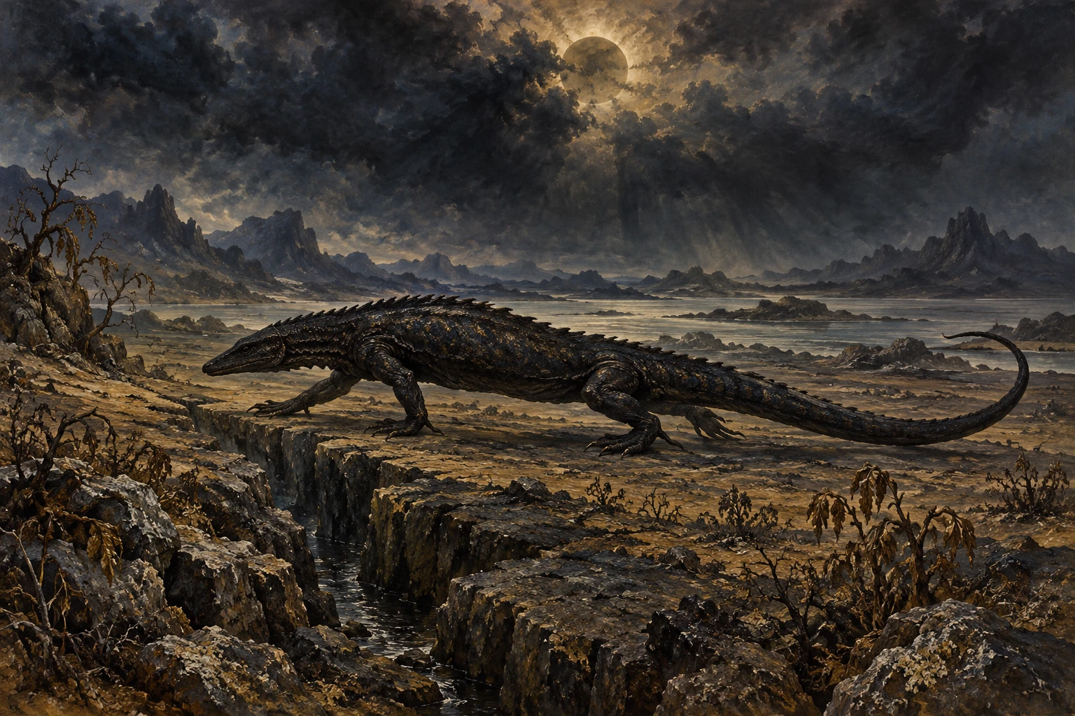 A dark lizardlike spirit crosses a cleft landscape beneath a veiled sun and withered vegetation.