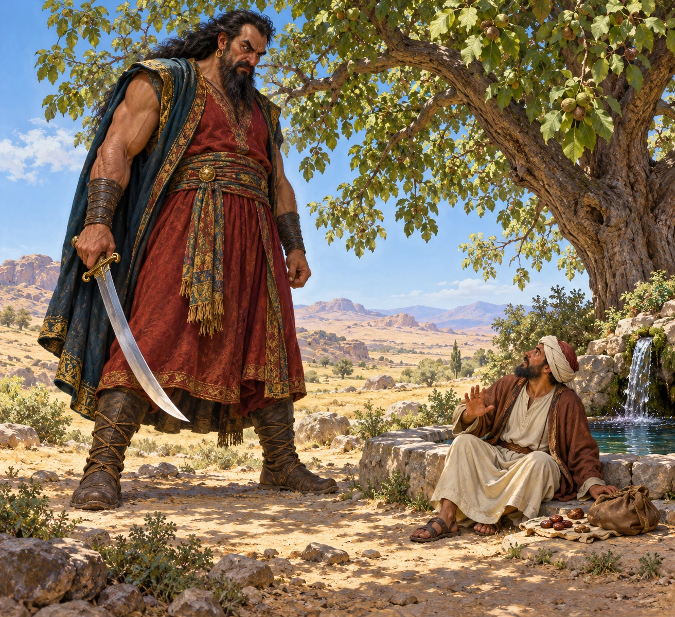 Imagined complete sword-bearing giant faces a merchant beside a fountain and walnut tree.