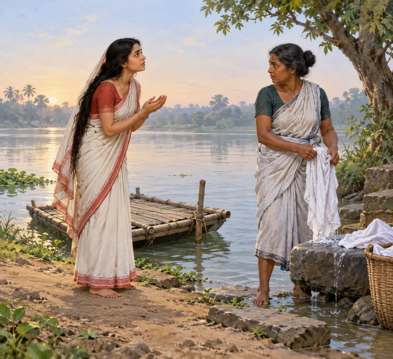 AI imagined Behula meeting washerwoman Neti by the river.