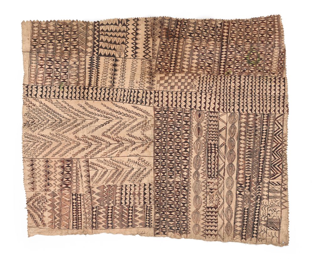 Nineteenth-century Niuean hiapo barkcloth with geometric and plant-like patterns, Te Papa FE000278