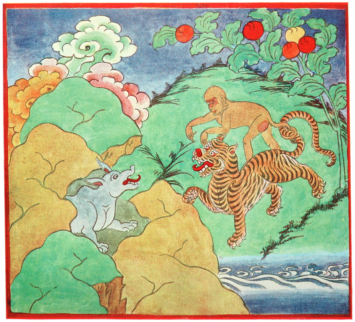 Jackal at the occupied den confronting the approaching tiger and monkey, Tibetan illustration published 1906