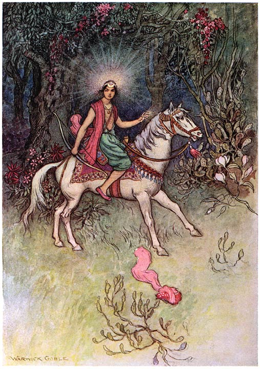 Boy with the moon on his forehead riding after his turban falls, Warwick Goble illustration published 1912