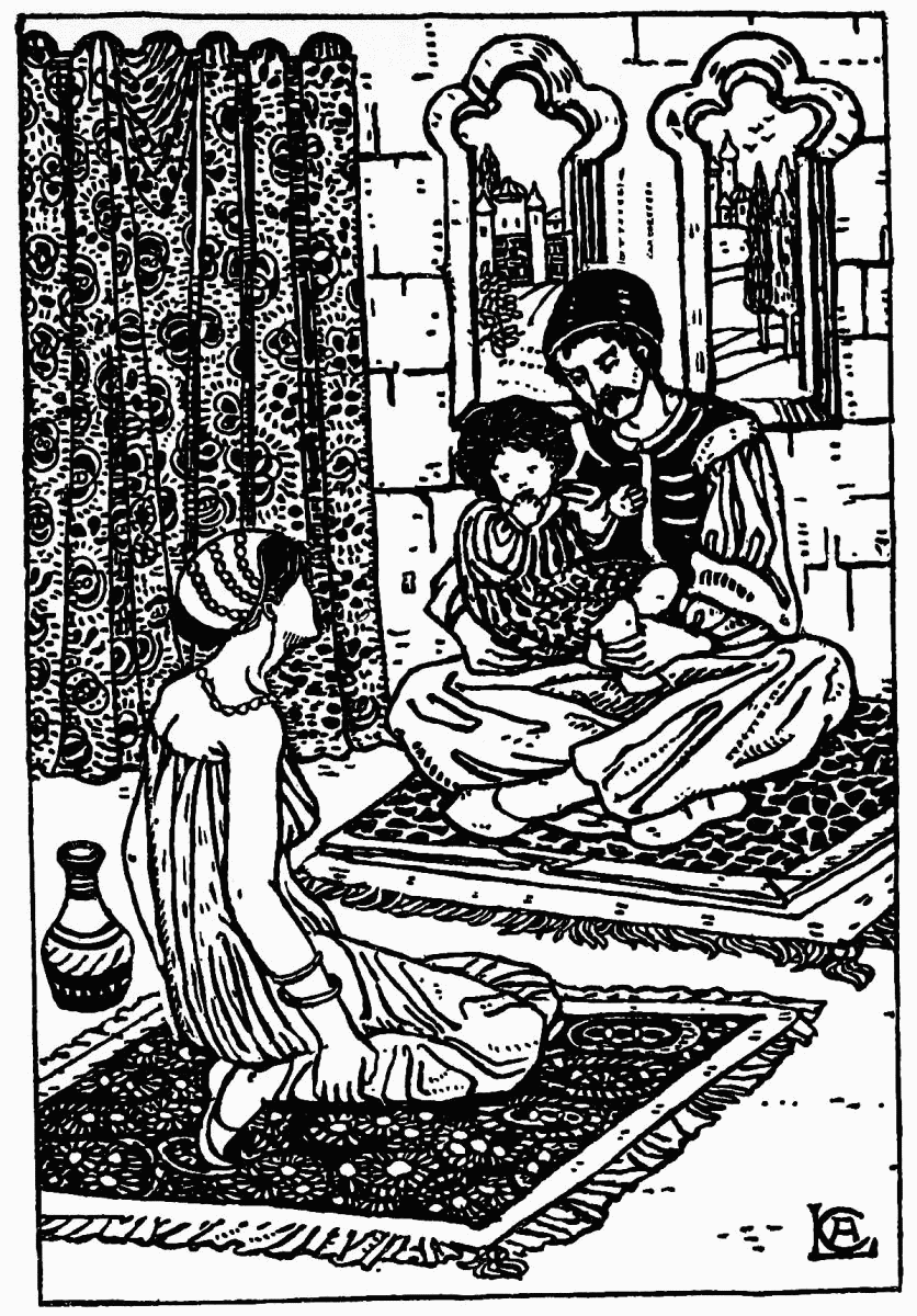 Celia Levetus’s 1901 illustration of Bahtiyar Bey in human form with his child and wife, facing page174 of The Padishah of the Peris