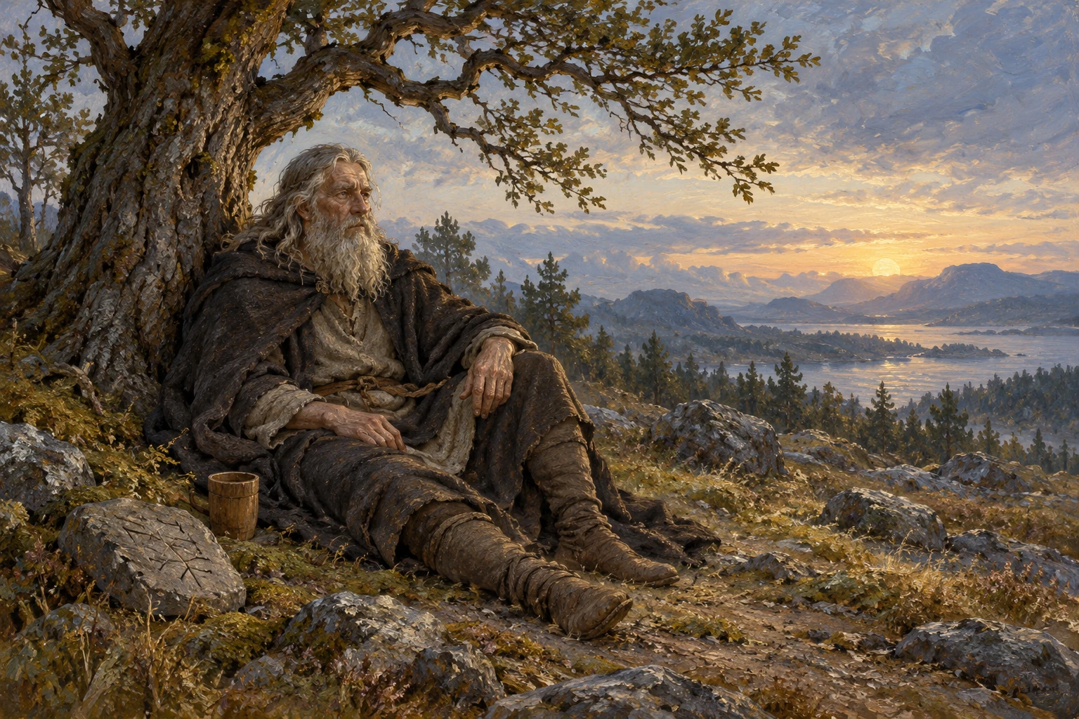 An imagined Odin rests beneath a tree beside a cup and a stone bearing indistinct marks.