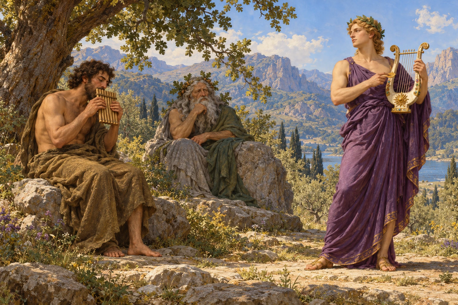 Pan plays reed pipes opposite Apollo’s lyre while the aged mountain judge Tmolus listens in an imagined classical grove.