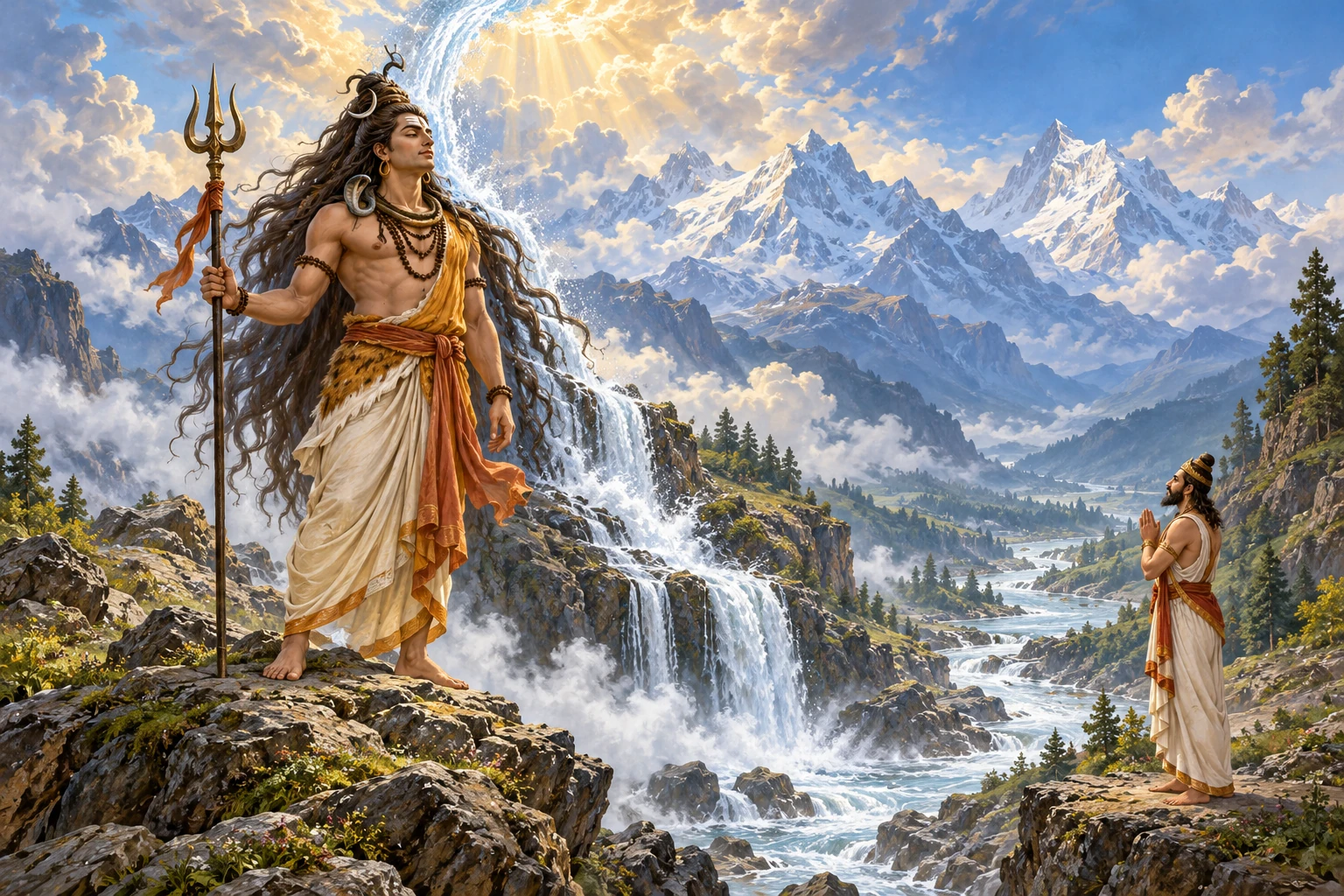 An imaginative sacred-epic scene of Shiva receiving a descending river through his hair while Bhagiratha stands in reverence.