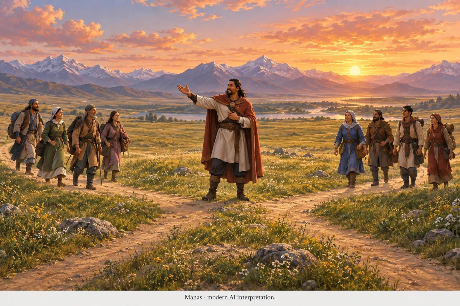Modern AI interpretation of Manas welcoming converging travelers.