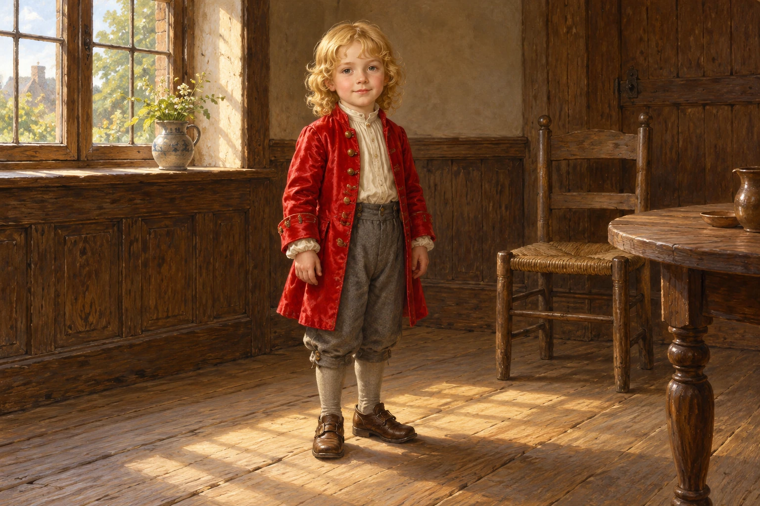 An imagined small boy with yellow curls and a red coat stands fully clothed in a wooden room.