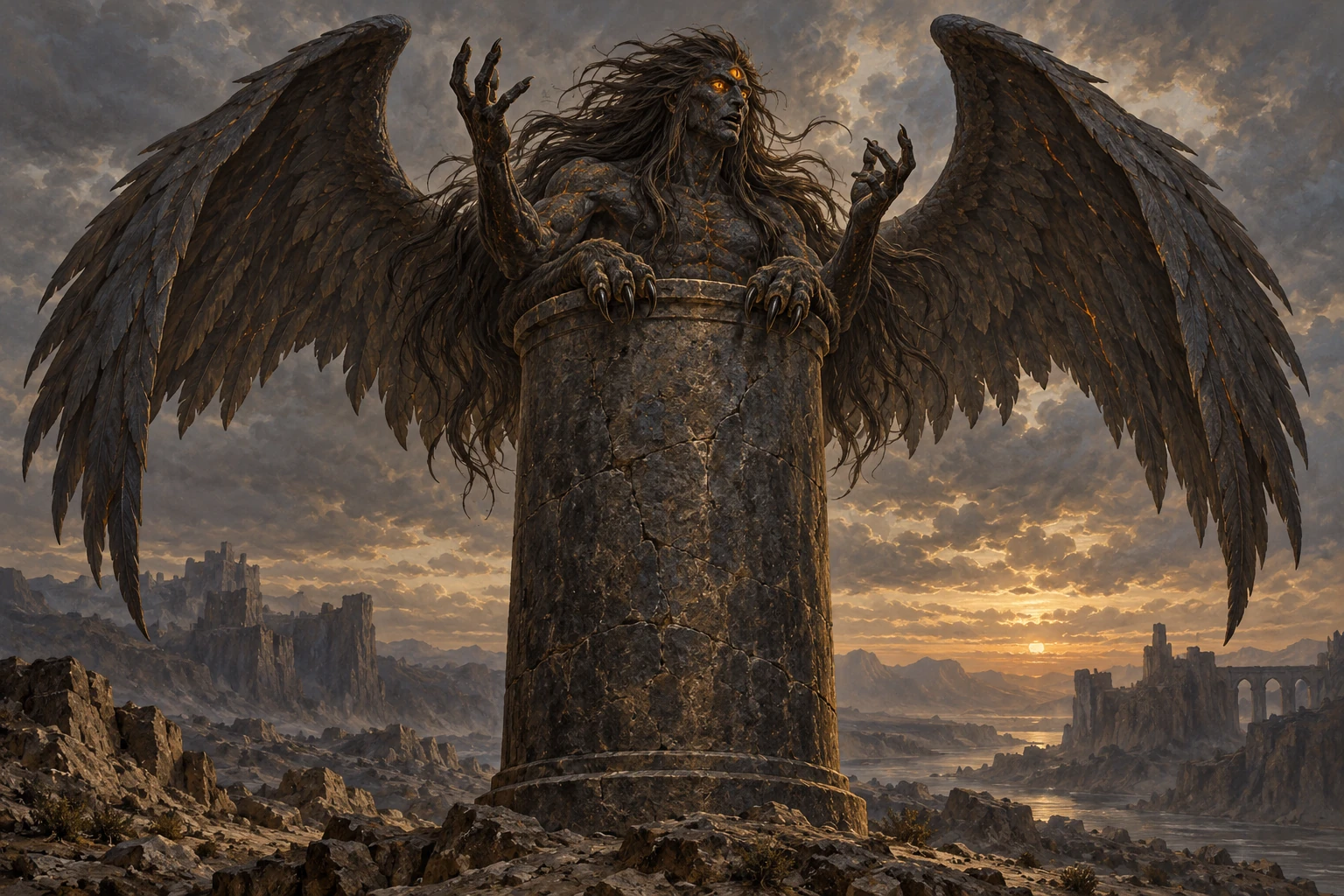 Dahish, with four arms and two spread wings, imprisoned in a black stone pillar.