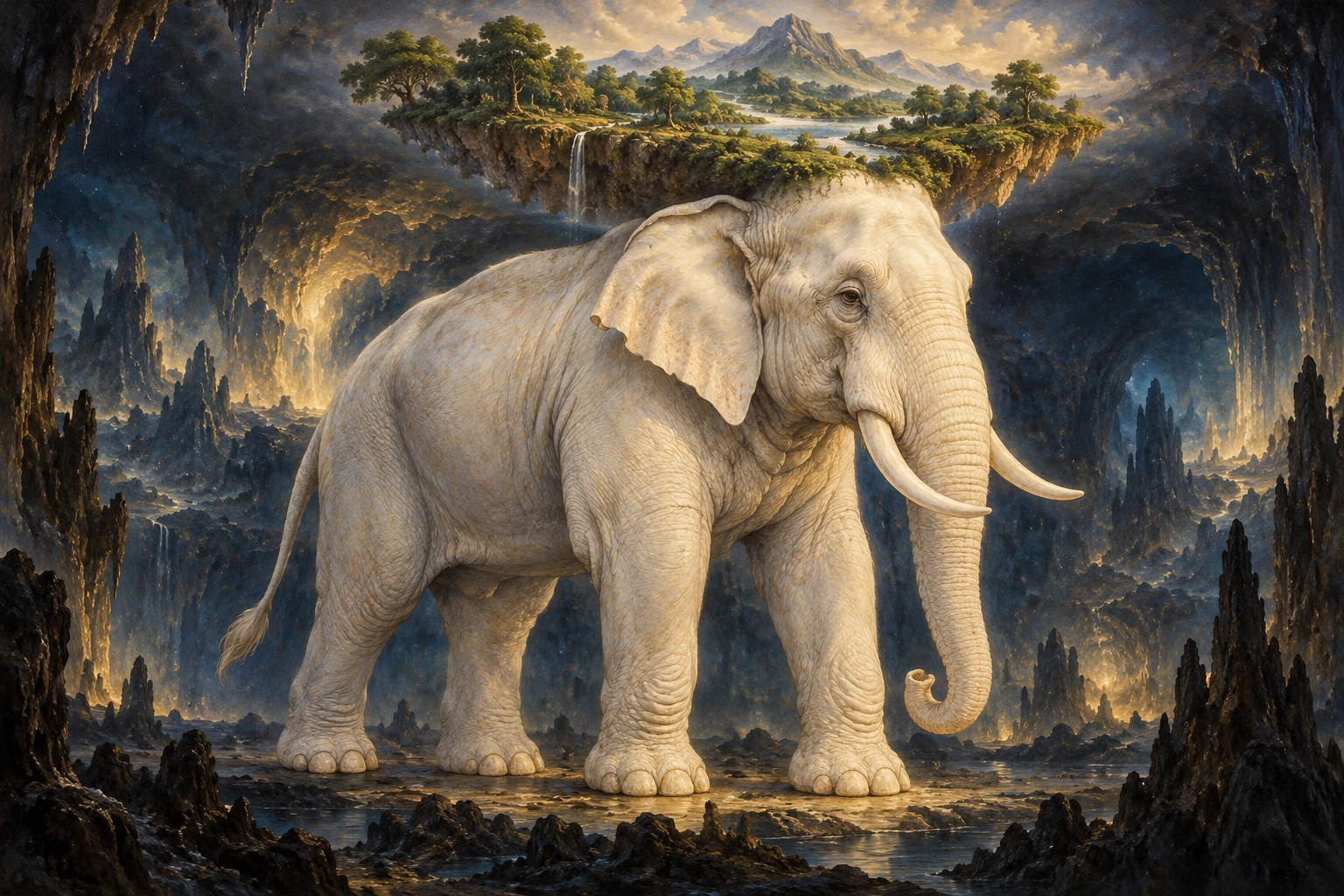 An imagined immense white elephant supports a wooded expanse of earth on its head in a luminous cavern.