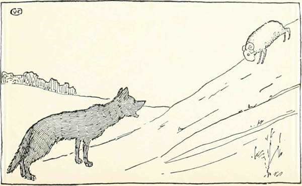 Valery Carrick’s hungry wolf waits below the ram on a hillside
