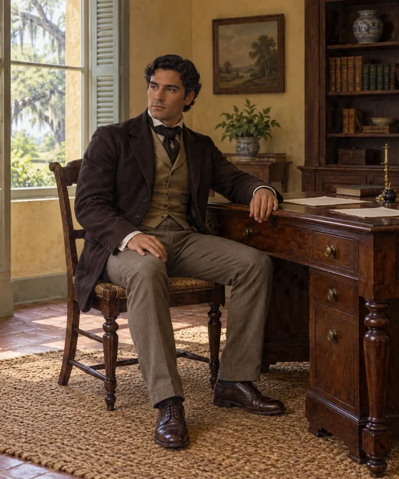 AI literary interpretation of Armand Aubigny seated in his study, with visible empty hands and ordinary civilian clothing.
