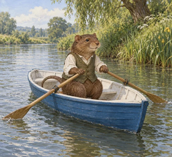 Unofficial AI interpretation of Ratty sculling his blue-and-white boat. Brown round face, small ears, whiskers and silky hair follow the novel; costume, fine anatomy, scale and riverside details are imagined. This is a literary character, not a real species plate.